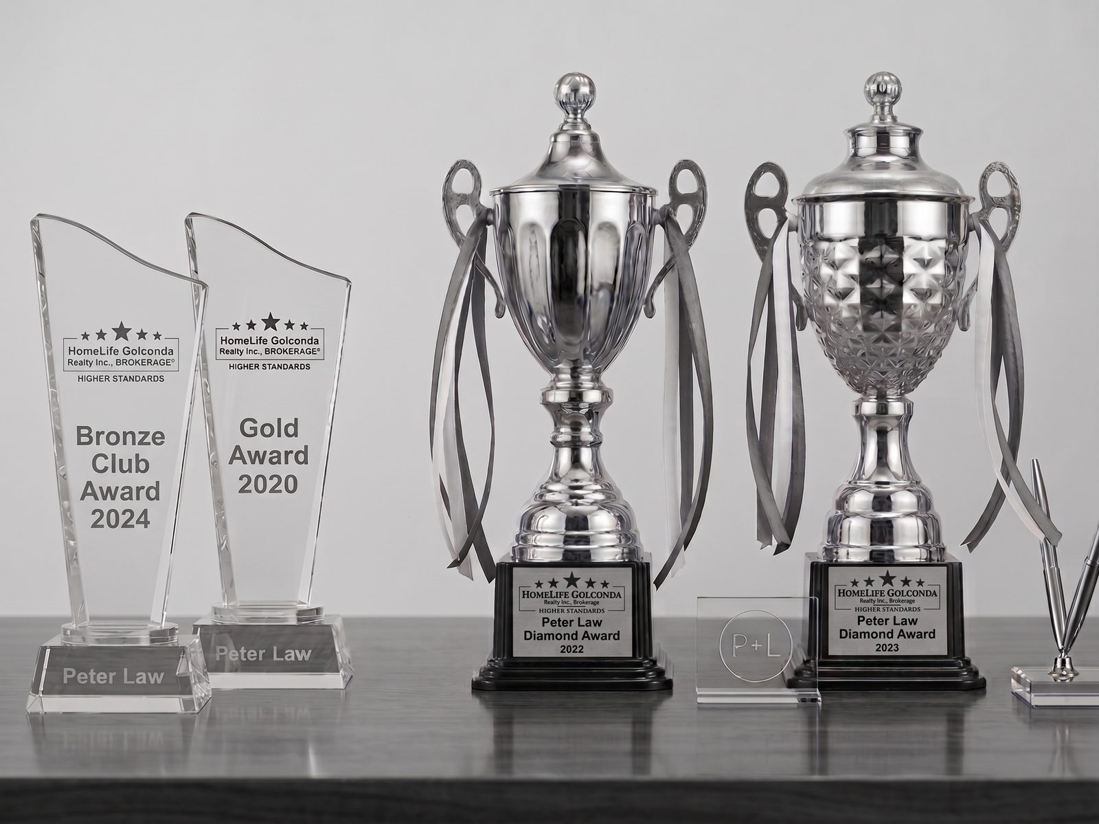 HomeLife Golconda 经纪公司奖项 — Bronze Club Award 2024、Gold Award 2020,以及两座 Peter Law Diamond Award 奖杯(2022、2023)。